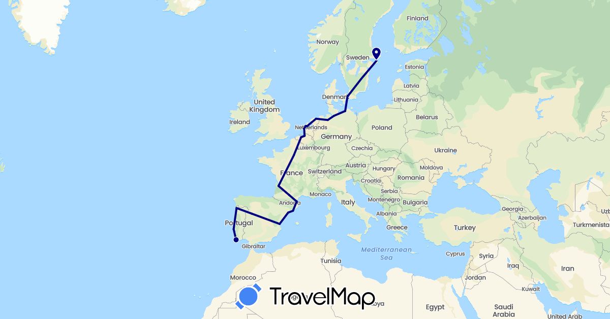 TravelMap itinerary: driving in Belgium, Germany, Denmark, Spain, France, Netherlands, Portugal, Sweden (Europe)